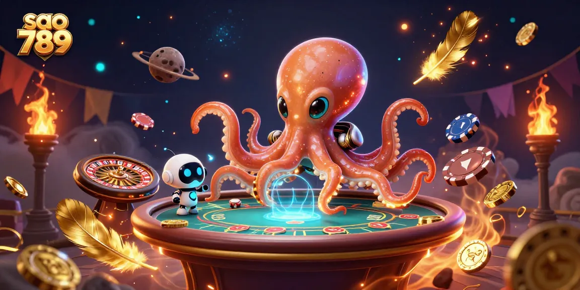 Play thrilling games at sao 789 with an alien octopus overseeing a floating poker table.