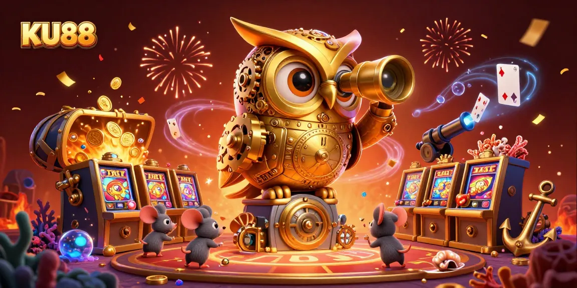 Experience the thrill of KU88 with a vibrant casino-themed 3D digital illustration showcasing slot excitement.