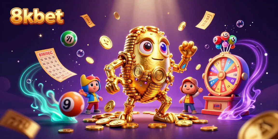 Experience thrilling gameplay at 8xbet featuring a vibrant 3D illustration of a golden golem surrounded by dynamic lottery elements.