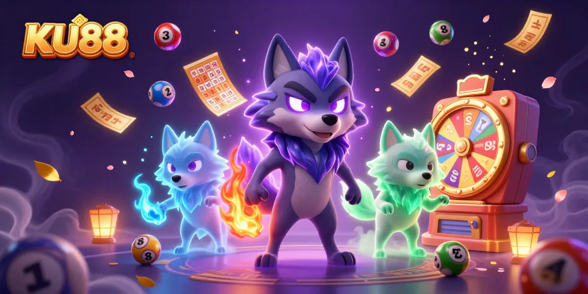 Experience dynamic action with KU88's thrilling lottery scene, featuring vibrant balls and energetic wolves.