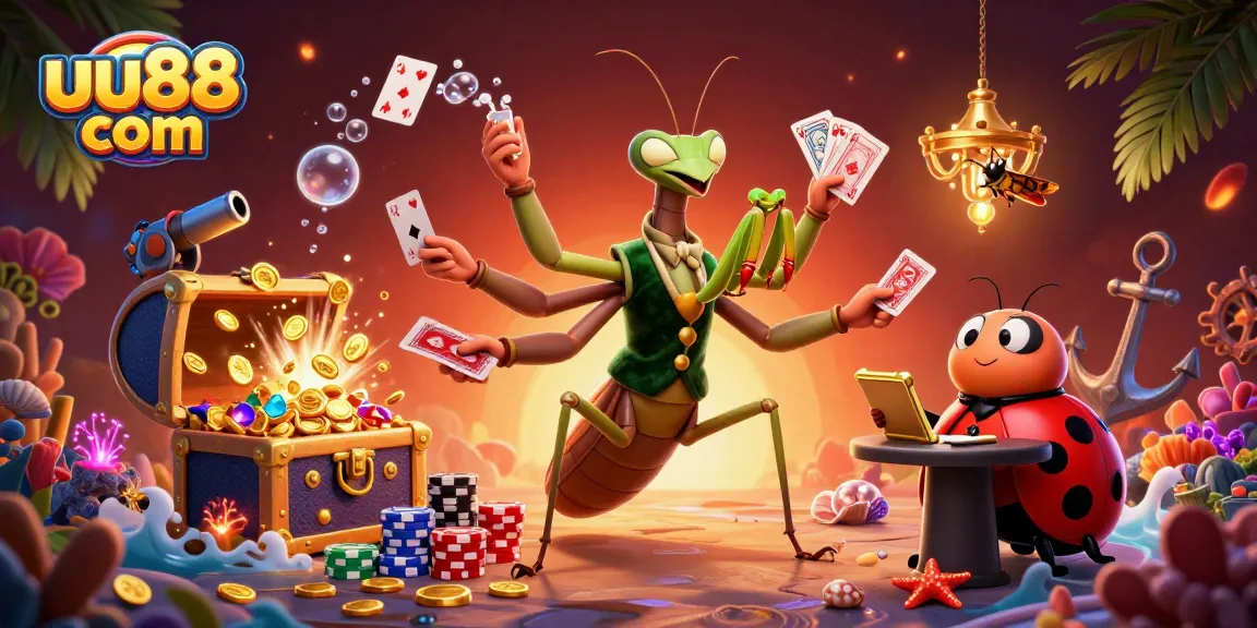 Experience the thrill of winning at uu88 com with a vibrant casino scene featuring a praying mantis card sharp.