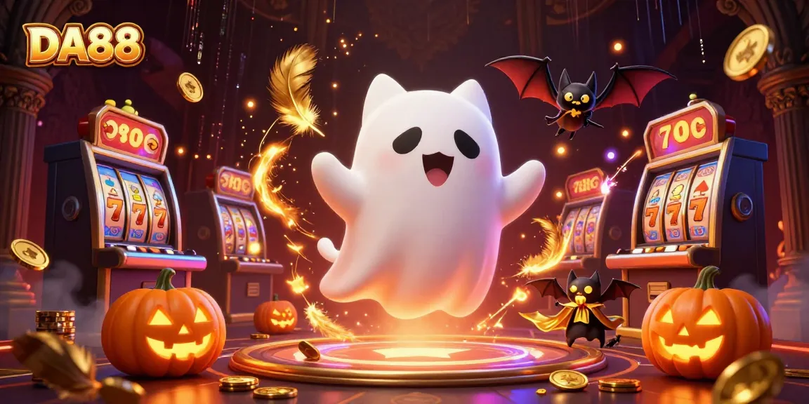 Experience the thrill of DA88 with a ghost cat and vampire bat in a spooky casino scene.