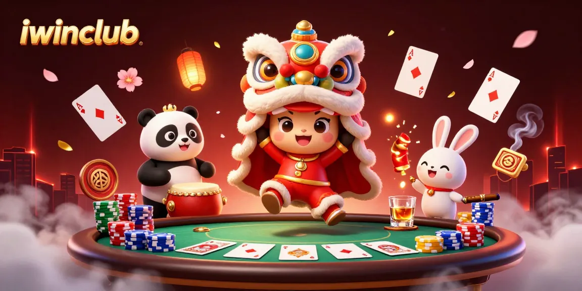 Experience the excitement of iwinclub with a vibrant 3D illustration of a lively casino scene featuring festive characters.