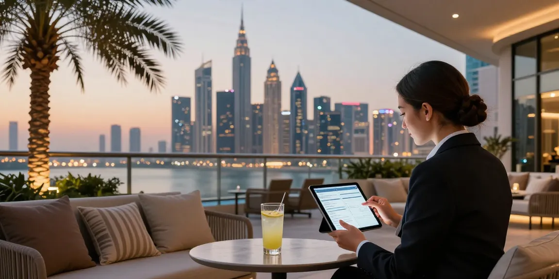 Dubai vacation rental management scene with a luxury apartment balcony, property manager reviewing bookings while enjoying the sunset.