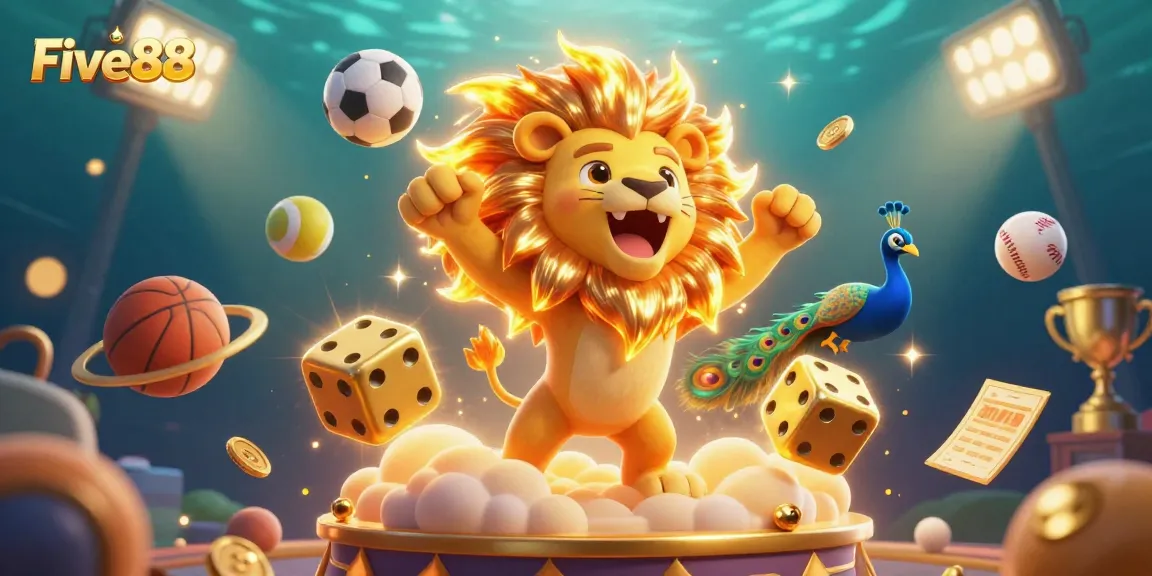 Place bets with Five88 in a vibrant casino scene featuring a roaring lion and dynamic sports elements.