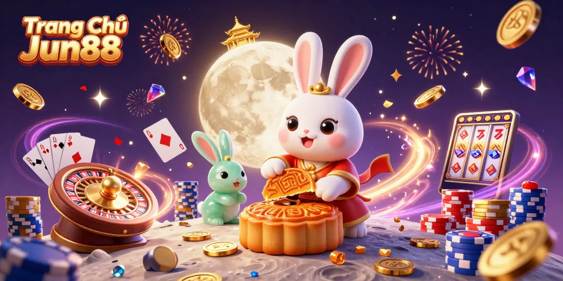 Engage with Trang Chủ Jun88, featuring the moon rabbit in a vibrant casino-themed scene with rich gambling elements.