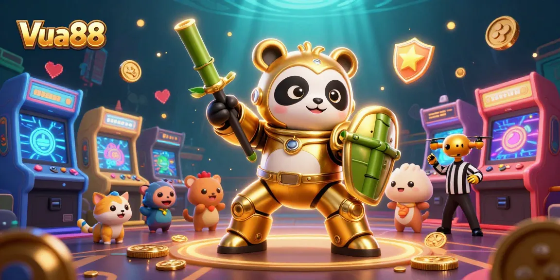 Wager with Vua88 in an exciting 3D casino scene featuring a panda piloting a robot.