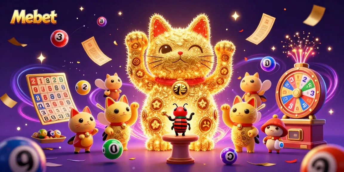 Mebet brings luck with a vibrant lucky cat and dynamic lottery elements in this thrilling casino scene.