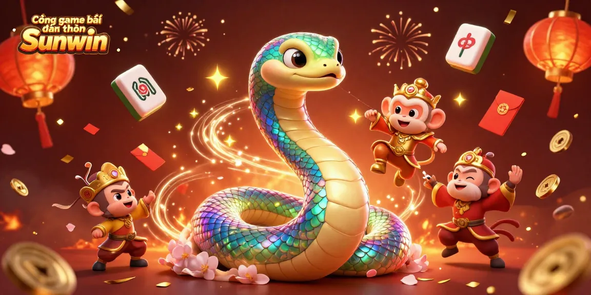 Cổng game bài đổi thưởng Sunwin features a vibrant scene with a rainbow serpent and monkey king representing online gaming excitement.