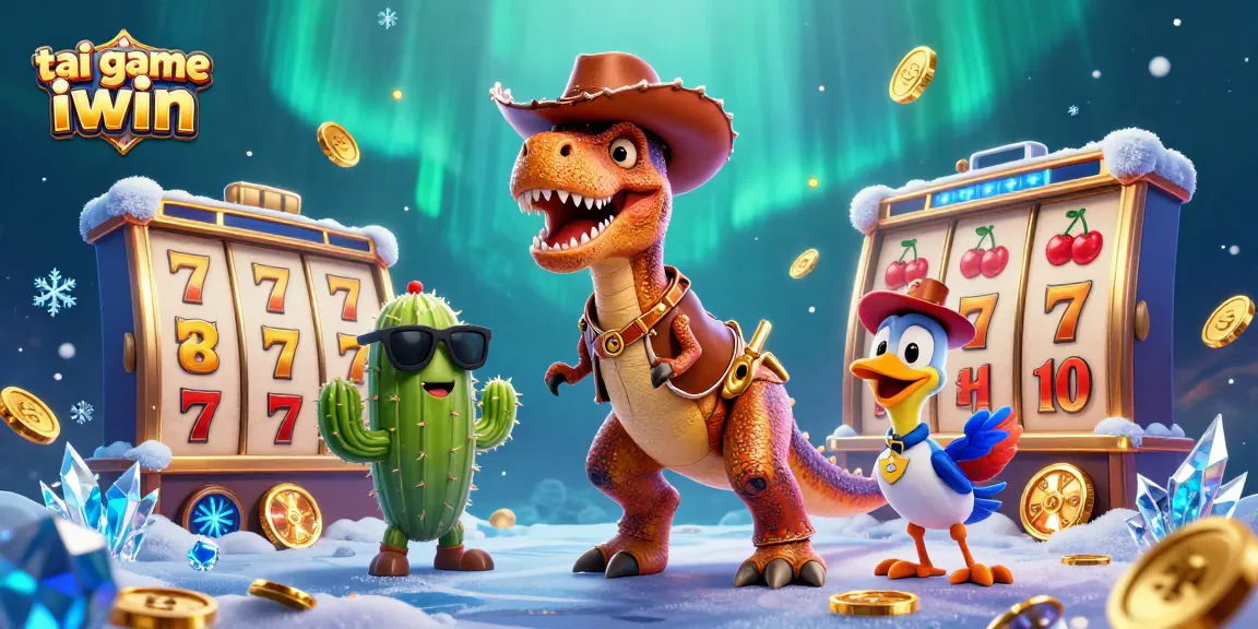 Spin to win with tai game iwin as a T-Rex cowboy and friends enjoy thrilling slots.