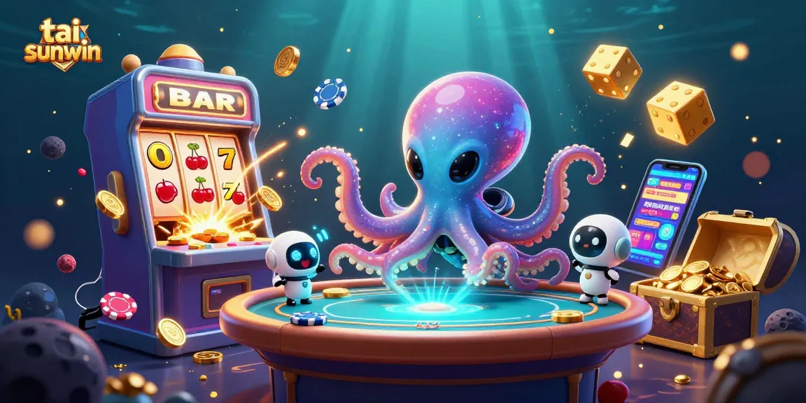 Play exciting games at tai sunwin with a vibrant space-themed casino illustration showcasing poker and slots.