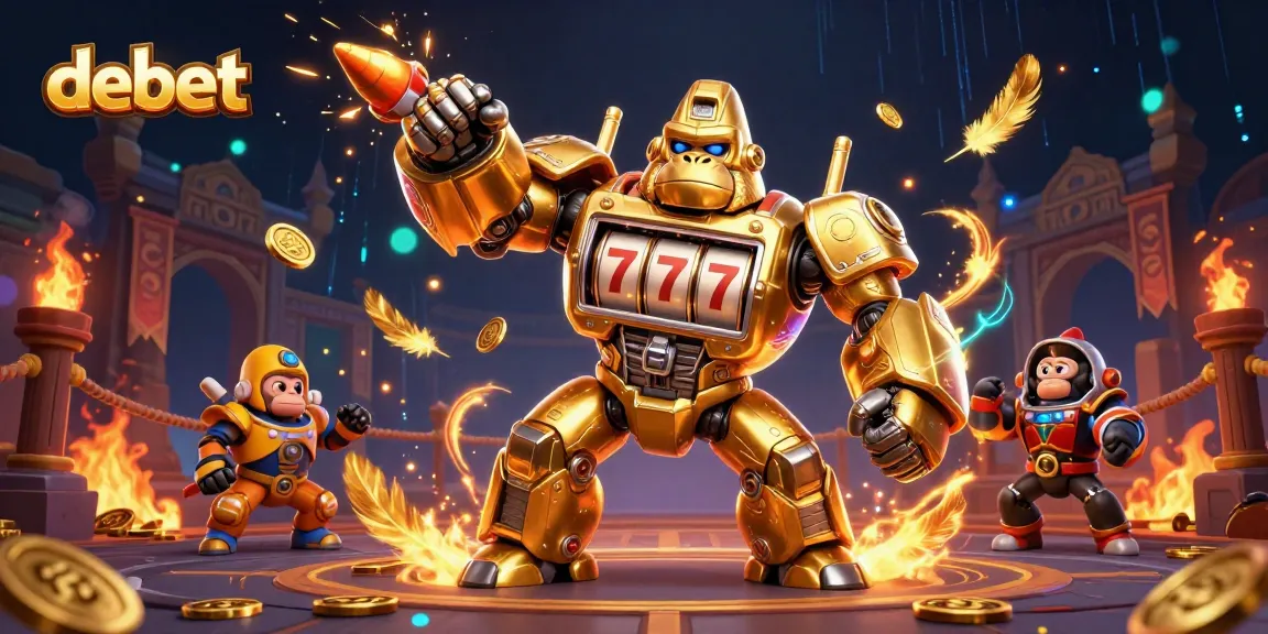 Experience vibrant action with debet's golden gorilla mech bursting explosive coins in a dynamic casino arena.