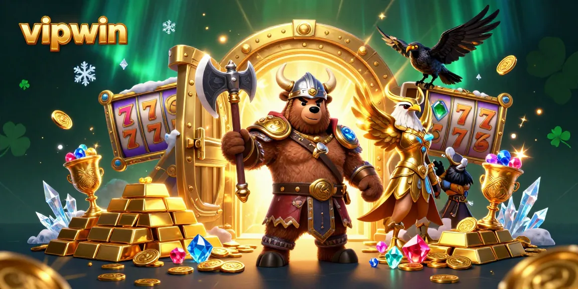 Experience thrilling wins at vipwin with a vibrant illustration of a Viking bear and Valkyrie eagle in a treasure-filled casino setting.
