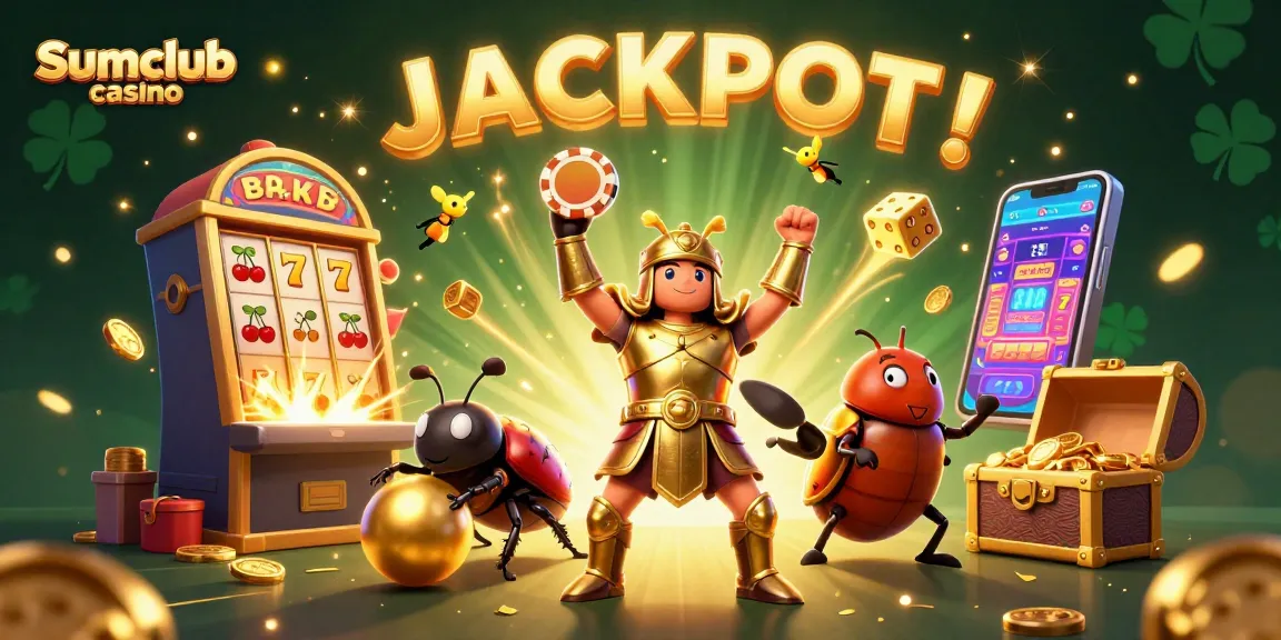 Experience high-stakes action at Sumclub casino with a victorious beetle and jackpot vibes.