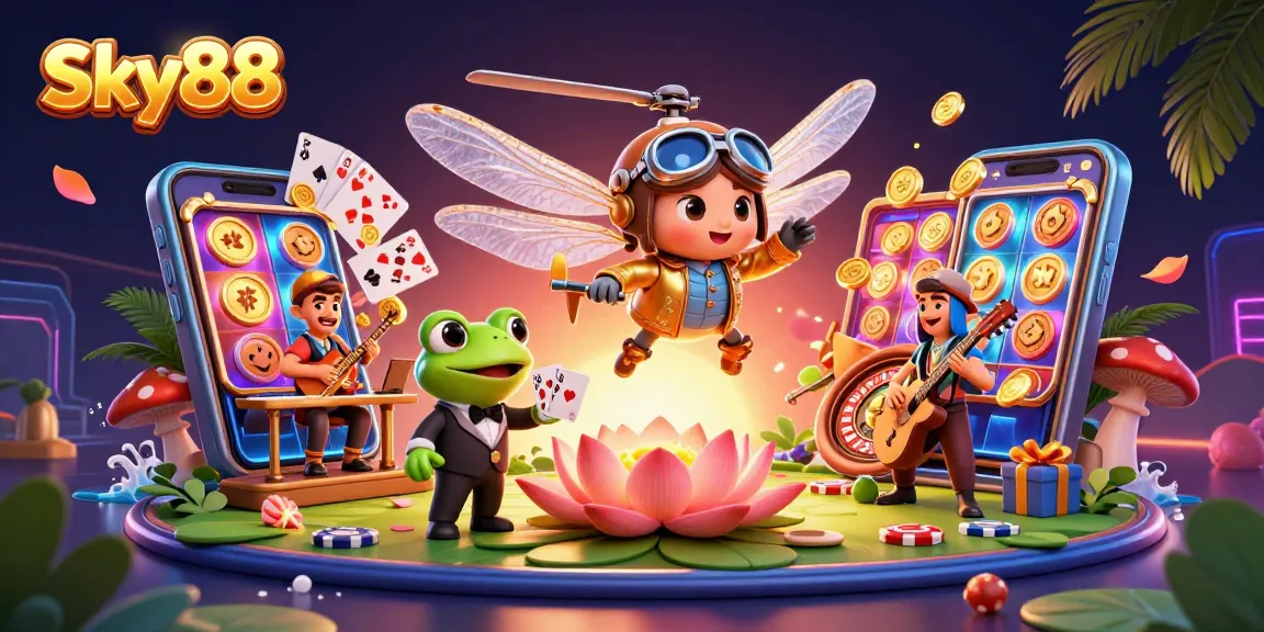 Experience thrilling gameplay at Sky88 with vibrant slot games and live action from our frog croupier.