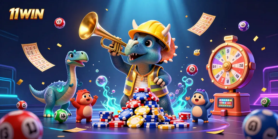 11WIN showcases a lively casino scene with a triceratops building poker chips and vibrant lottery balls.