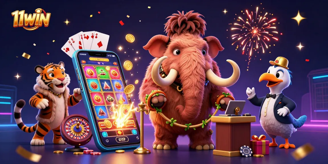 Join the fun at 11WIN with vibrant gambling illustrations featuring dynamic casino characters.
