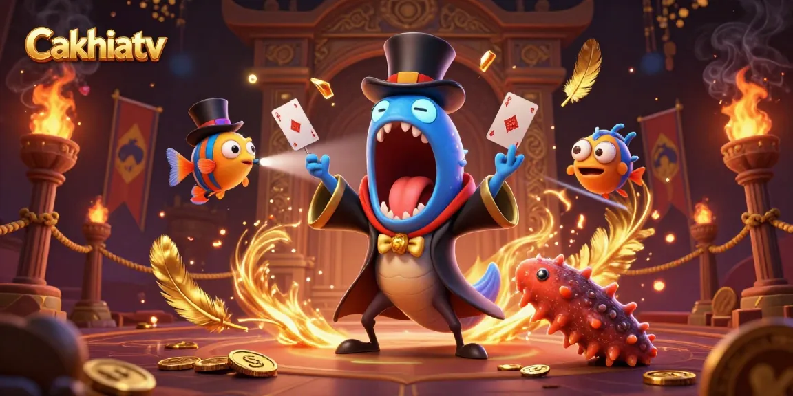 Cakhiatv features animated characters performing magic tricks in a vibrant casino setting, highlighting betting excitement.