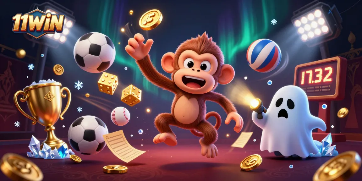 Experience thrilling gameplay with 11WIN's lively casino scene filled with golden treasures and dynamic sports elements.