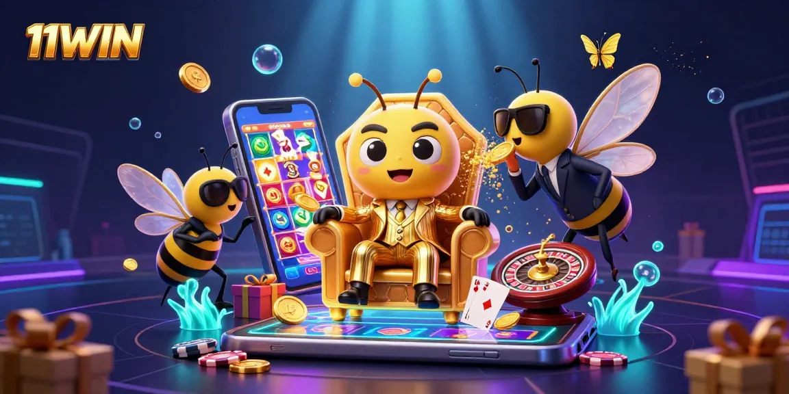 Experience the thrill of the 11WIN casino with a vibrant 3D illustration showcasing exciting games and characters.