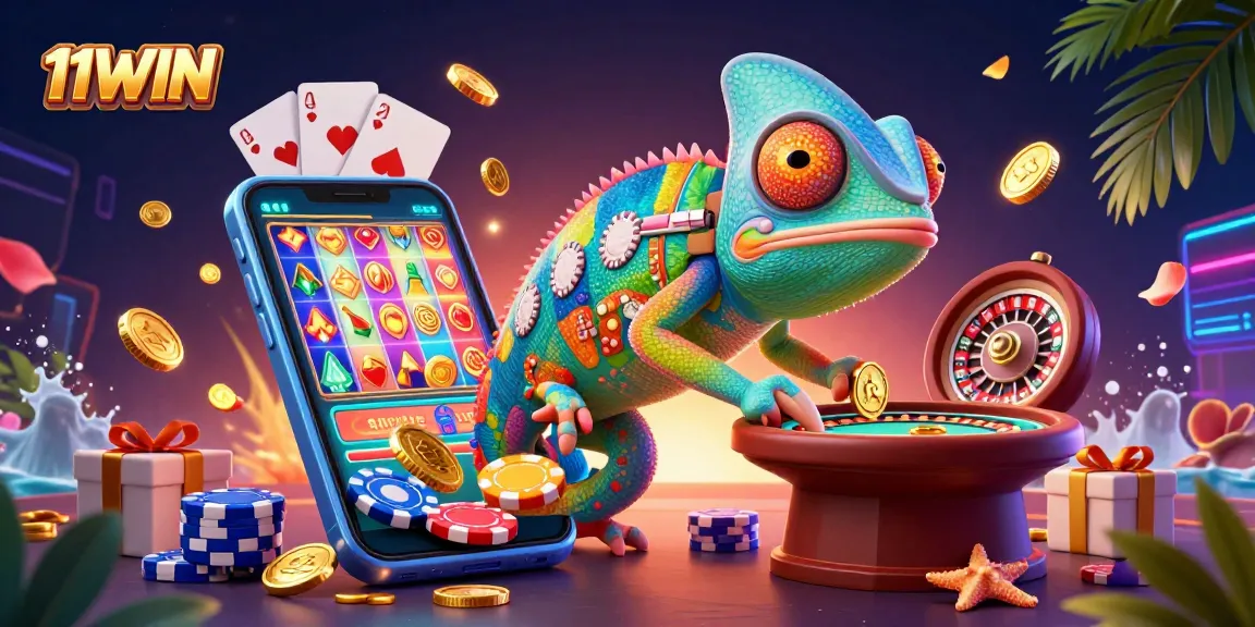 Experience 11WIN's thrilling gaming scene with a vibrant chameleon casino owner.