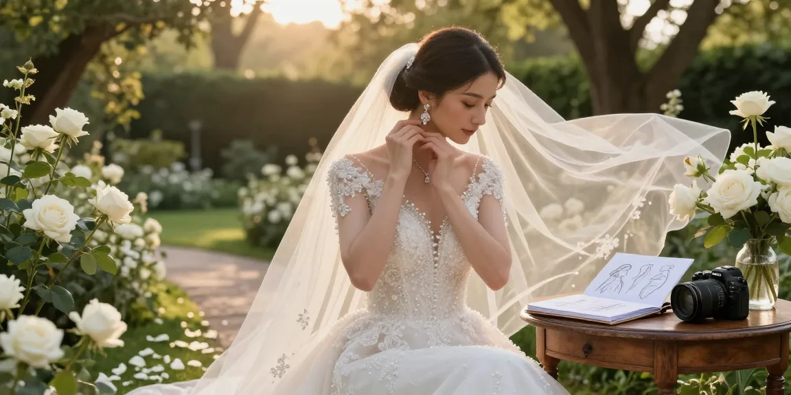 Bridal jewellery for wedding day featuring a bride adjusting her elegant earrings in a garden.