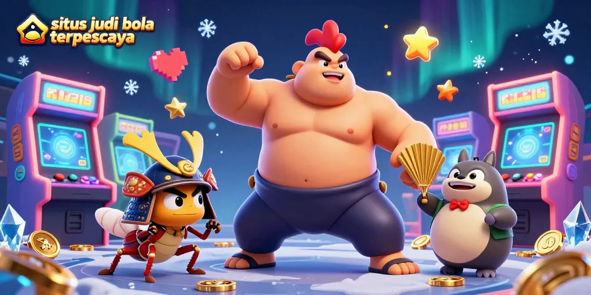 Situs judi bola terpercaya showcases a powerful sumo wrestler rooster and samurai cricket in an action-packed casino scene.