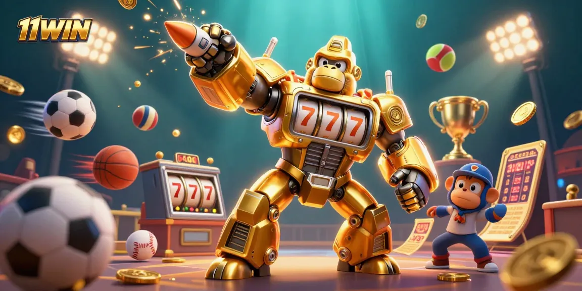 11WIN showcases a thrilling 3D gorilla mech amidst dynamic sports elements, celebrating epic casino wins.