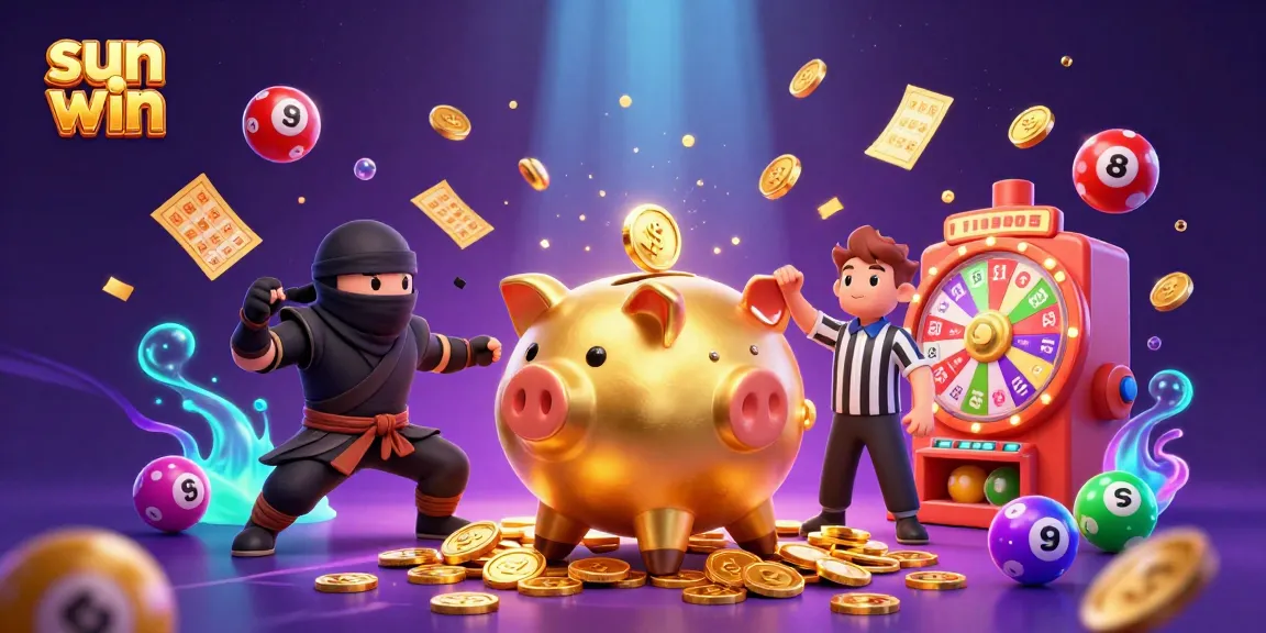 Experience thrilling wins with sun win, as a golden piggy bank sumo wrestler celebrates amidst coins, vibrant elements, and jackpots.