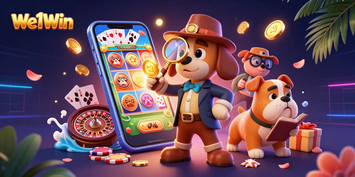 Experience We1Win's thrilling atmosphere with cartoon characters engaged in exploring poker clues amidst casino games.