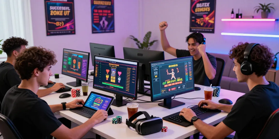 Inspiring online gaming atmosphere at https://shbet.cruises/ featuring diverse players celebrating wins with vibrant neon lights and modern tech.