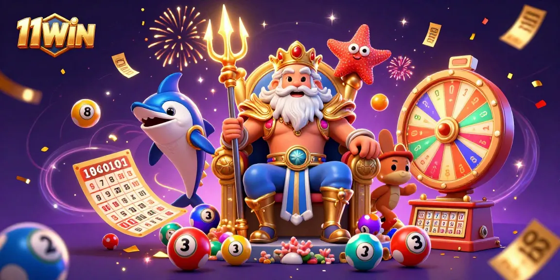 Engage with the thrilling game of chance at 11WIN, illustrated with Neptune and colorful lottery elements.