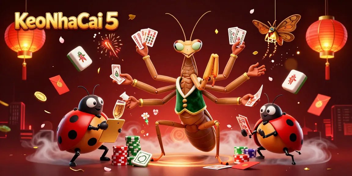 Engaging scene of KeoNhaCai 5 featuring a giant praying mantis card sharp and ladybug pit boss in a vibrant casino environment.