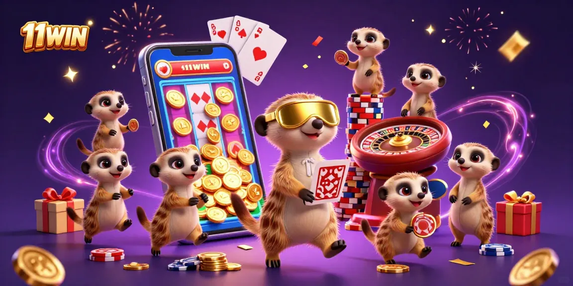 Experience the excitement of 11WIN with lively meerkats running a vibrant casino operation in a colorful digital illustration.