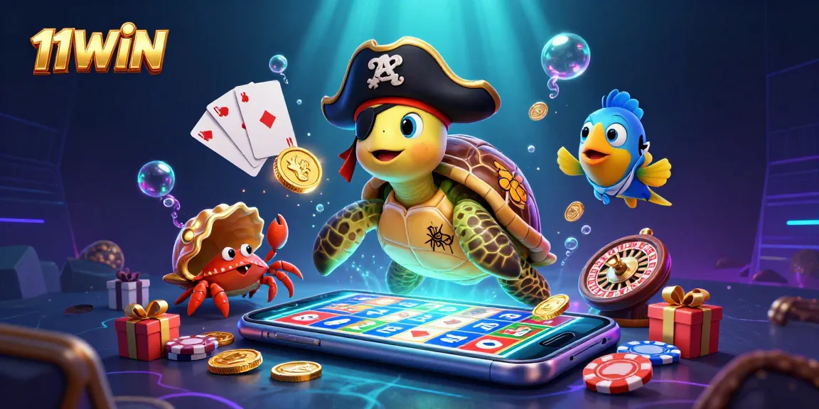Engage with 11WIN's vibrant casino world featuring a pirate turtle and energetic gaming elements.