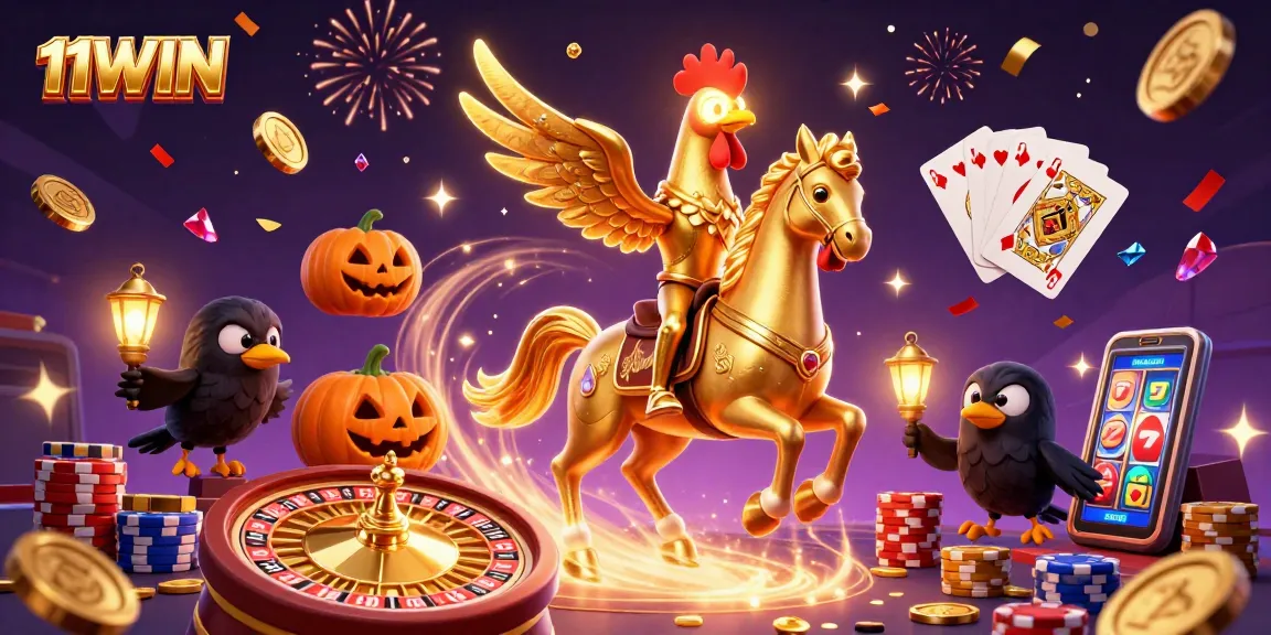 Experience the vibrant casino action at 11WIN with a golden rooster and dynamic gaming elements.