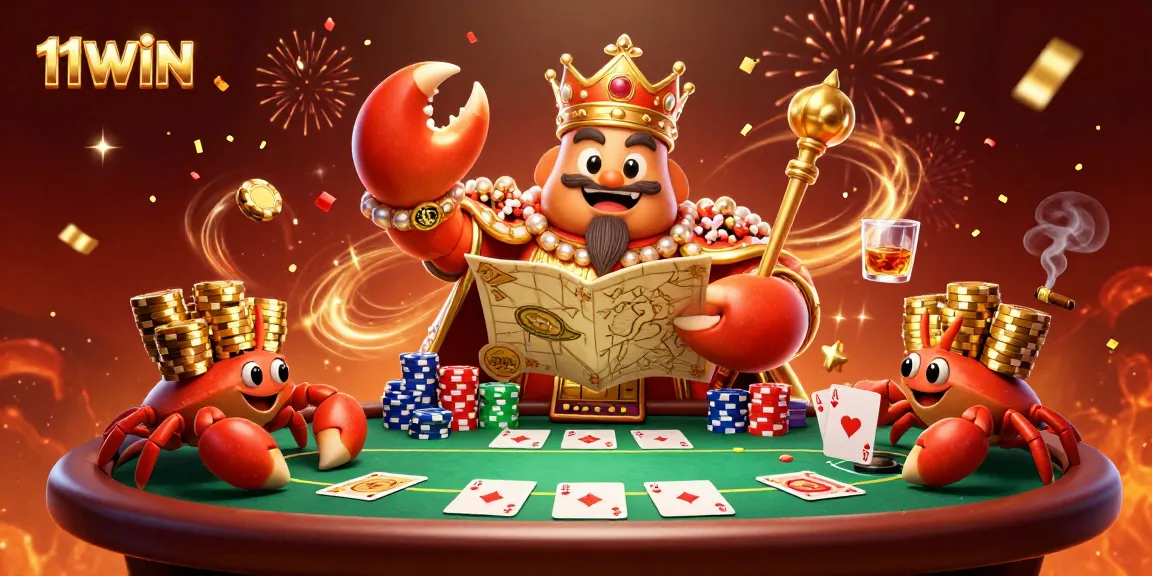 Join the excitement with 11WIN's golden crab emperor surrounded by vibrant poker action.