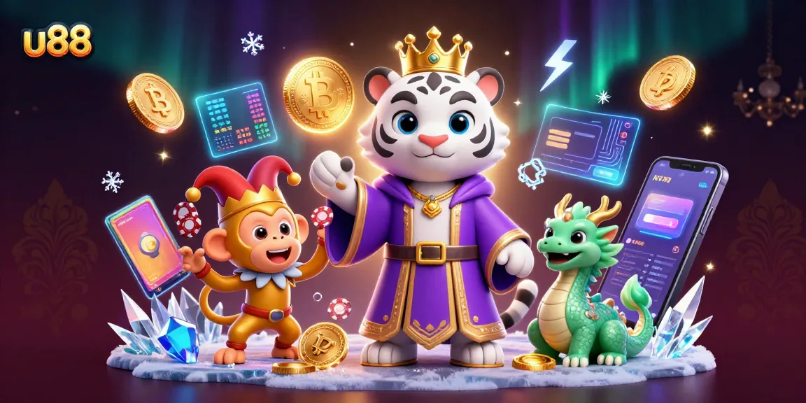 Experience the thrill of u88 with a vibrant casino scene depicting a majestic tiger, playful monkey, and NFT elements.