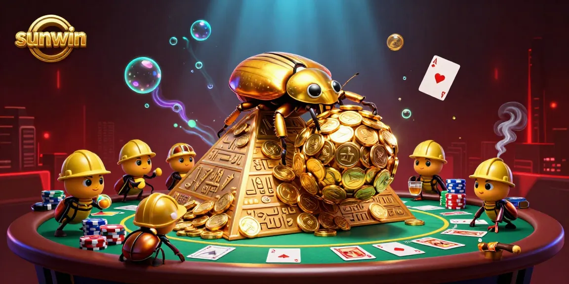 Experience sunwin's gaming splendor with a colossal beetle guiding golden coins amidst lively casino elements.